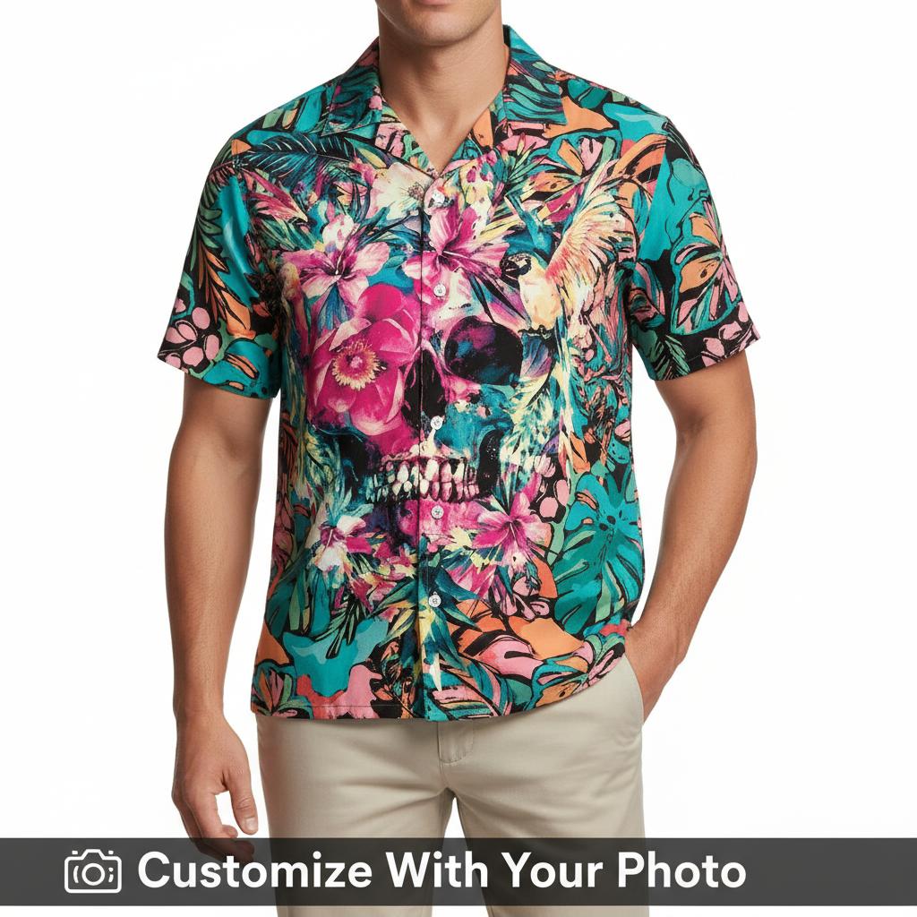 skull hawaiian shirt custom design tropical flowers man wearing beach party setting