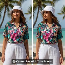 skull tropical flower hawaiian shirt with bold colors on woman at beach sunset