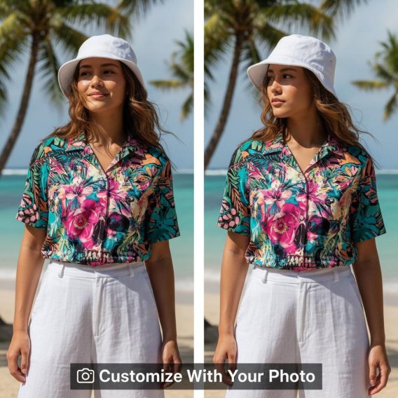 skull tropical flower hawaiian shirt with bold colors on woman at beach sunset