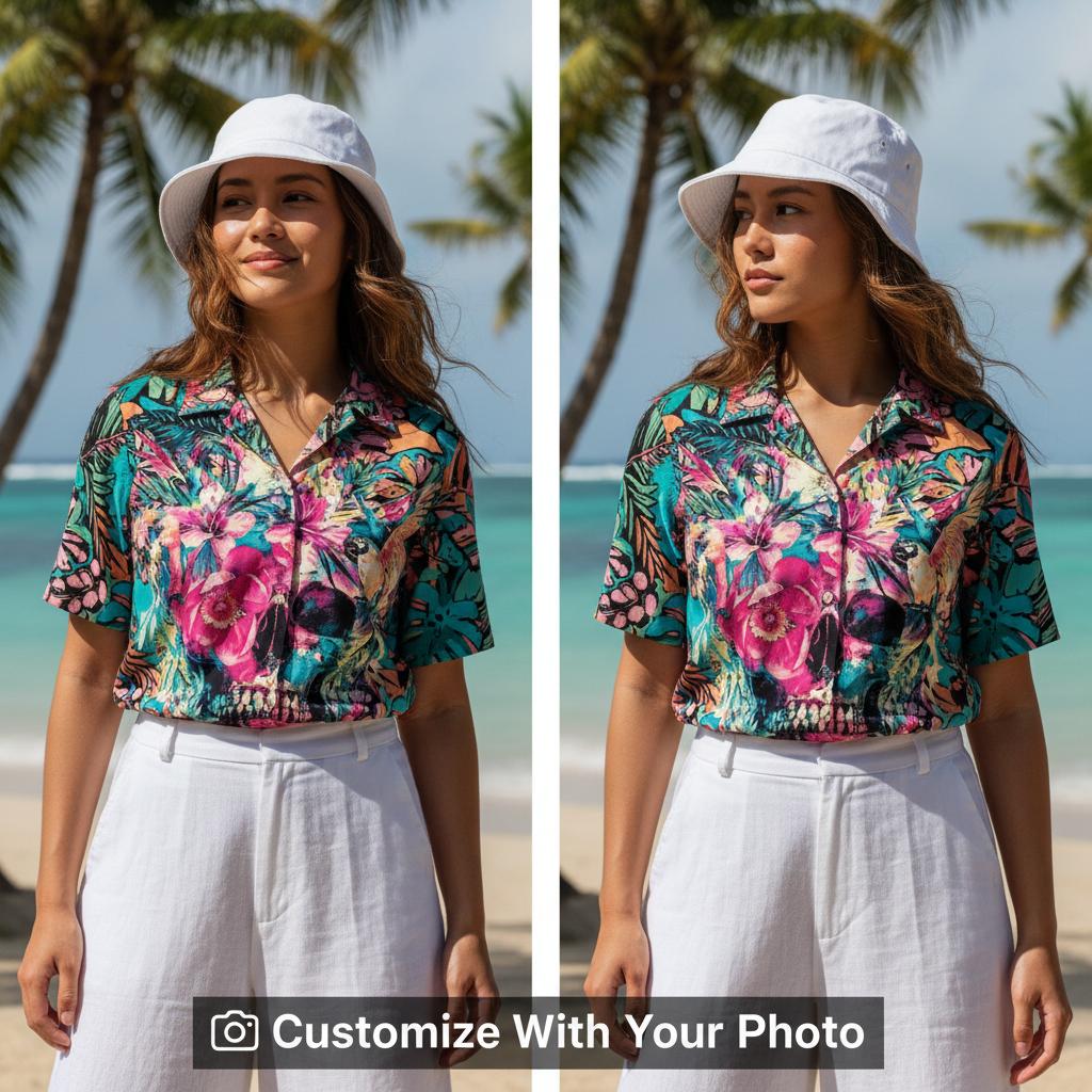 skull hawaiian shirt custom photo tropical flowers woman wearing colorful beach sunset