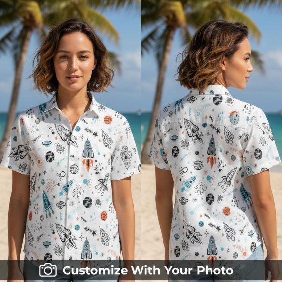 Woman wearing Star Wars Aloha Shirt with rockets, planets, and bright space motifs outdoors