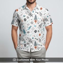 Man wearing Star Wars Aloha Hawaiian Shirt in white, black, orange, and blue space print