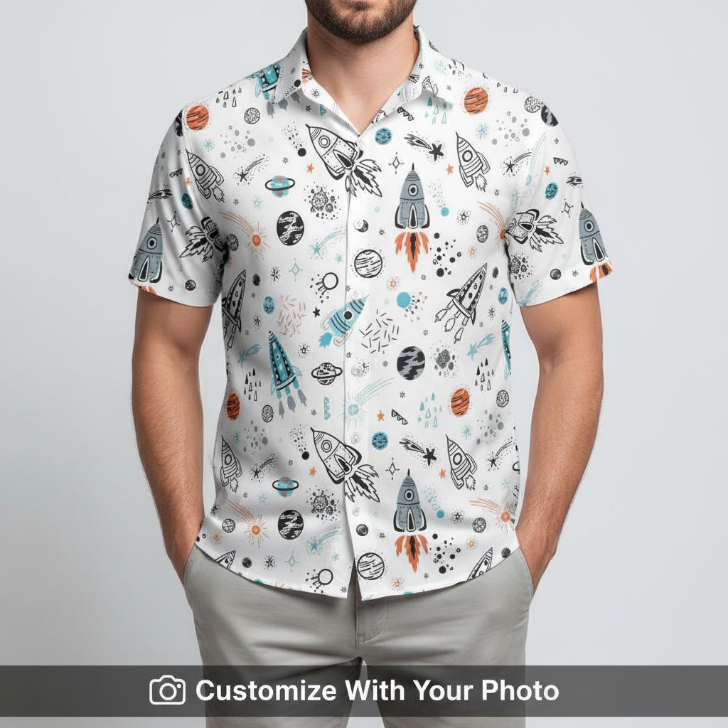 Man wearing Star Wars Aloha Hawaiian Shirt in white, black, orange, and blue space print