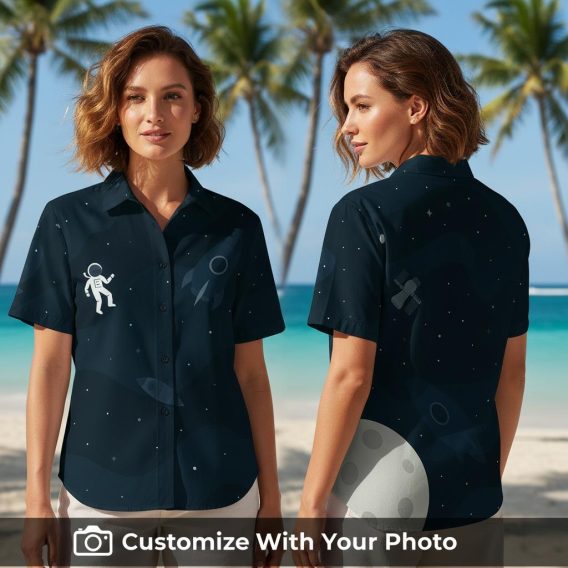 Woman wearing Star Wars themed Hawaiian shirt with astronaut, rockets and stars
