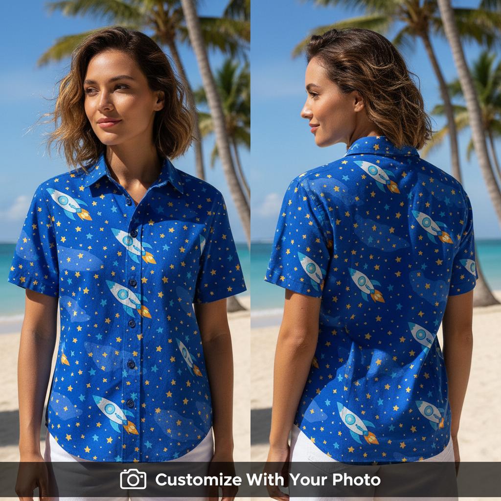 Woman wearing Star Wars Hawaiian shirt with blue rocket print and scattered stars outdoors
