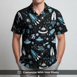 Man in Star Wars Hawaiian shirt featuring blue galaxy, rockets, and UFO design
