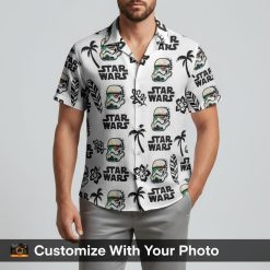 star wars hawaiian shirt white stormtrooper print worn by man at beach