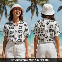 star wars hawaiian shirt white stormtrooper print worn by woman at sunset