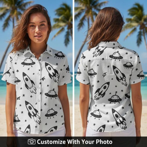 Woman wearing black and white Star Wars Hawaiian shirt with rockets and UFOs