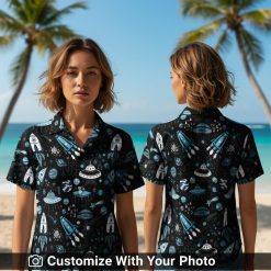 Woman wearing Star Wars Hawaiian shirt with rockets and UFO space pattern outdoors