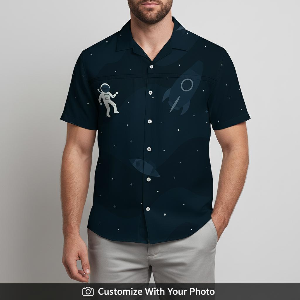 Man wearing Star Wars Hawaiian shirt featuring astronaut, rockets, and moon motifs