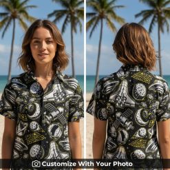 Woman wearing Star Wars Hawaiian shirt with rockets, planets, stars and shuttles