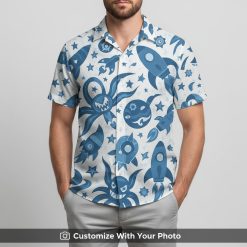 Man in Stormtrooper Hawaiian shirt with blue octopus and space design elements