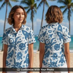 Woman wearing Stormtrooper Hawaiian shirt with octopus, rockets, and space icons