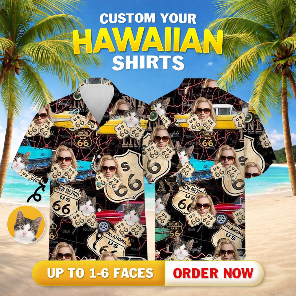 Design contains US 66 highway signs various cars maps cat person sunglasses