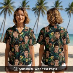 Hawaiian shirt with tiki mask face print, green leaves, floral pattern worn by woman at sunset beach