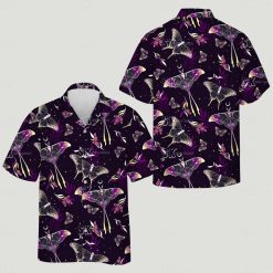 Tropical black cat hawaiian shirt showing large moths small butterflies leaves and flowers