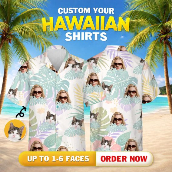 Tropical floral print shirt showing repeated person and cat faces with leaf patterns