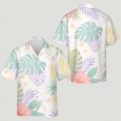 White tropical floral print shirt featuring monstera leaves and pink hibiscus flowers
