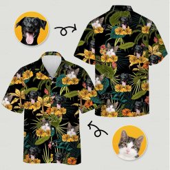 Dog and cat faces printed on tropical button up shirt with yellow flowers