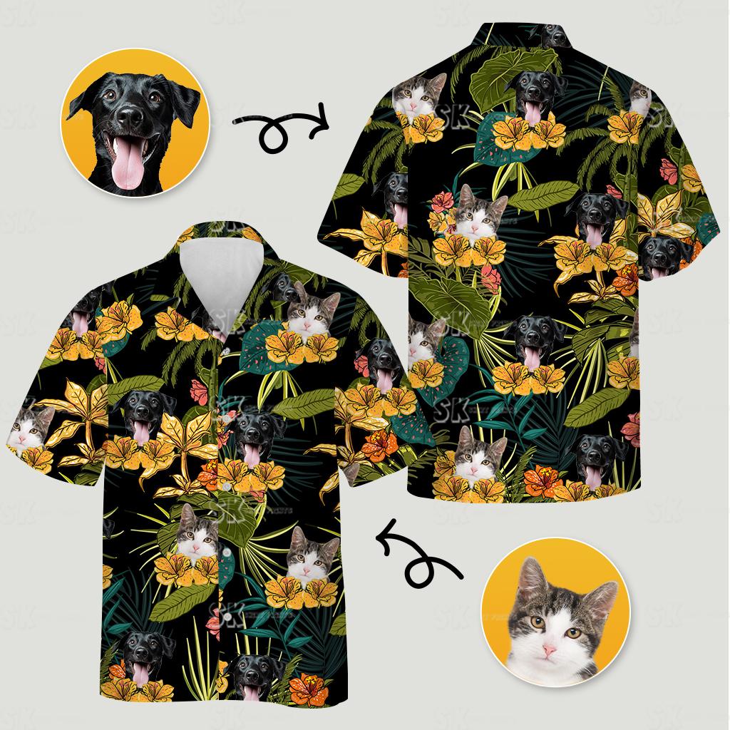 Dog and cat faces printed on tropical button up shirt with yellow flowers