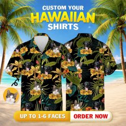 Pet faces mixed with hibiscus flowers on tropical button down shirt pattern
