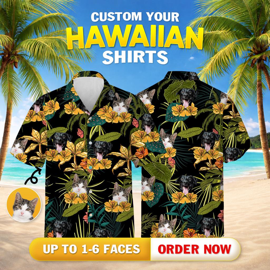 Pet faces mixed with hibiscus flowers on tropical button down shirt pattern