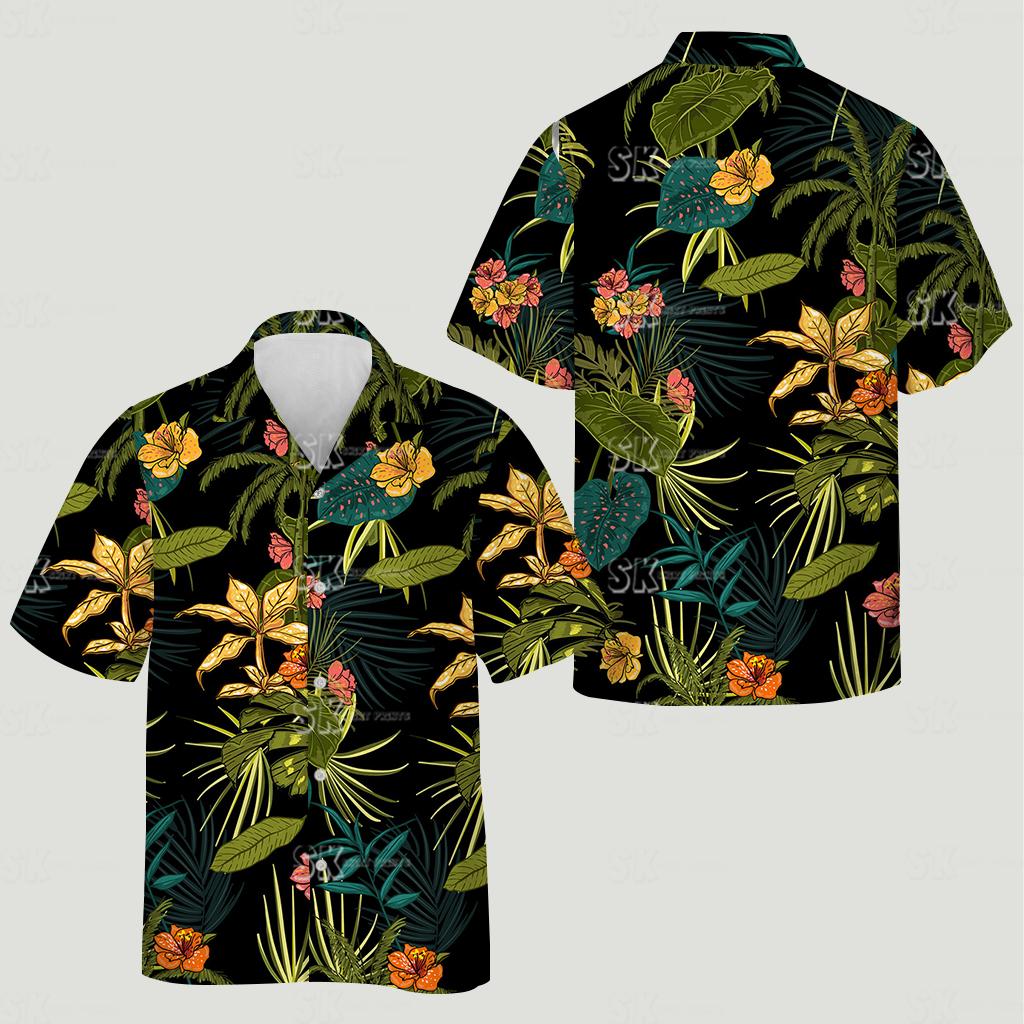 Palm leaves and orange flowers covering tropical button up shirt on black fabric