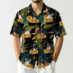 Cat and dog with tongues out on mens shirts tropical pattern background