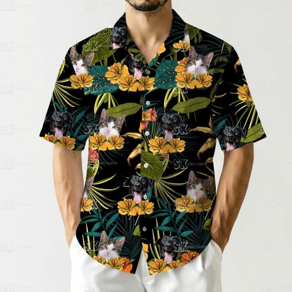 Cat and dog with tongues out on mens shirts tropical pattern background