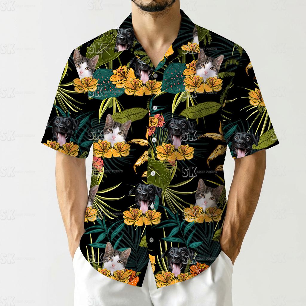 Cat and dog with tongues out on mens shirts tropical pattern background