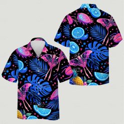 Strawberry hawaiian shirt featuring moths dragon fruit pineapples citrus slices blue leaves