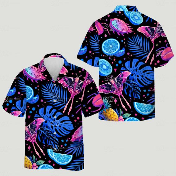 Strawberry hawaiian shirt featuring moths dragon fruit pineapples citrus slices blue leaves