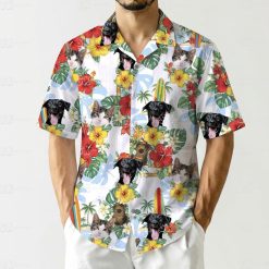 Tropical hawaiian shirt displaying cats dogs surfboards ukulele and hibiscus flower pattern