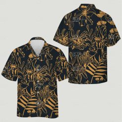 Person wearing mens hawaiian shirts near me single color tropical leaf pattern