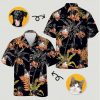 Tropical print shirt displaying orange yellow leaf pattern with black dog tabby cat images