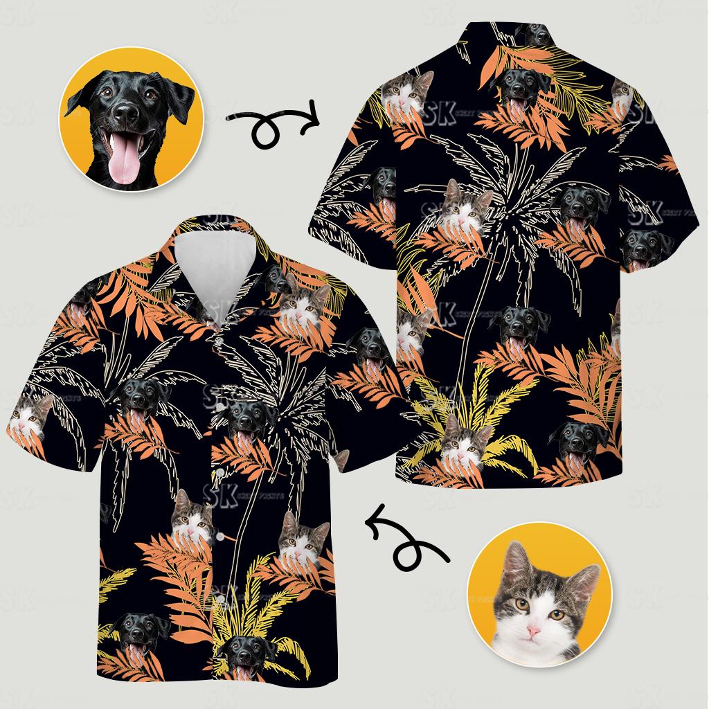 Tropical print shirt displaying orange yellow leaf pattern with black dog tabby cat images