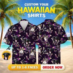 Whimsical black cat hawaiian shirt featuring dogs cats moths butterflies stars and crescent moons