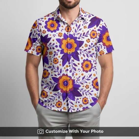 Man in white Hawaiian shirt featuring vibrant purple and orange floral pattern