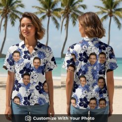 Woman wearing white men’s Hawaiian shirt with blue floral and custom face design