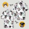 Dog and cat faces with butterfly wings printed on white tropical shirt with purple tulips