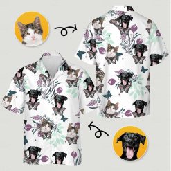 Dog and cat faces with butterfly wings printed on white tropical shirt with purple tulips