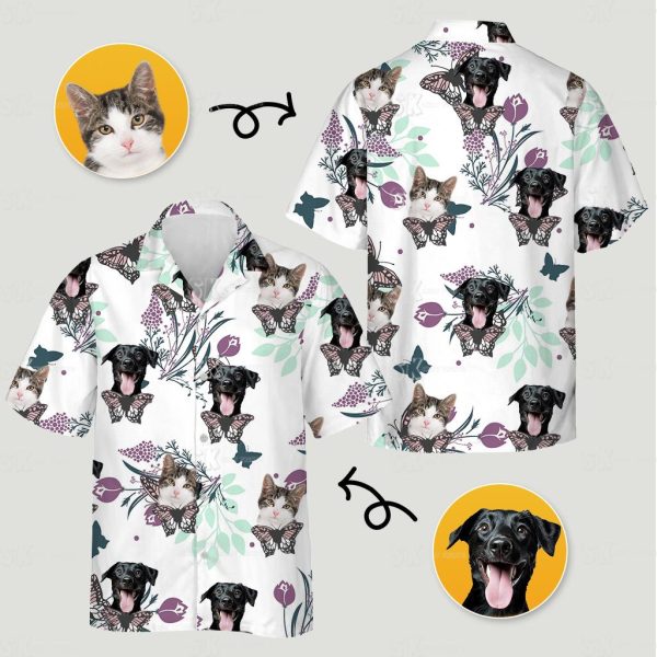 White Tropical Shirt Custom Dog Cat Butterfly Wings Print