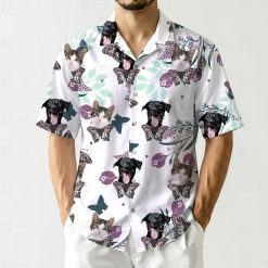 Cats and dogs with butterflies and floral motifs on custom tropical shirts