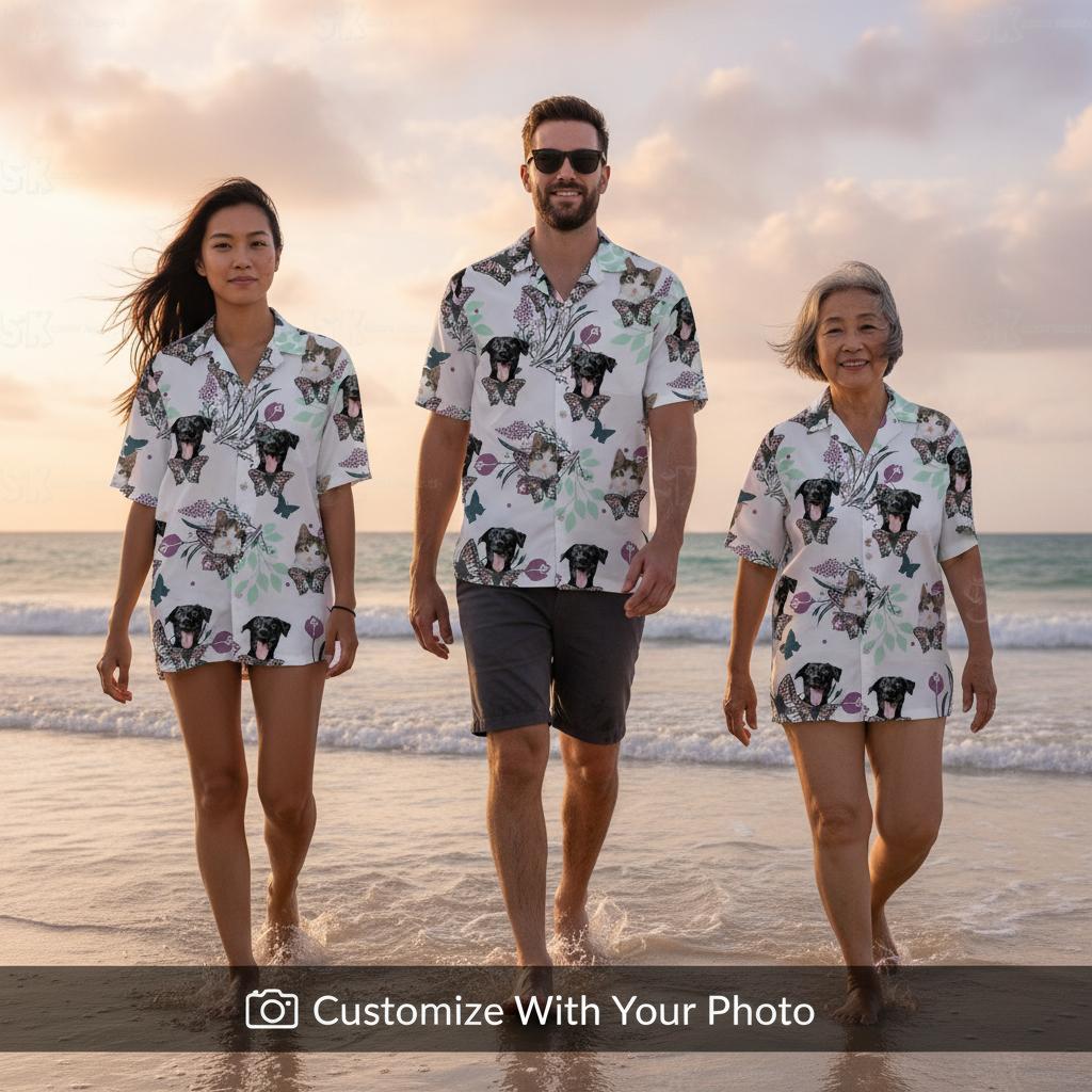 Family matching white tropical shirt group tropical beach golden hour setting Family wearing matching white tropical shirt at beach during golden hour