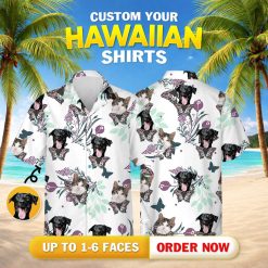 Illustration style dog and cat faces with butterflies on white tropical shirt
