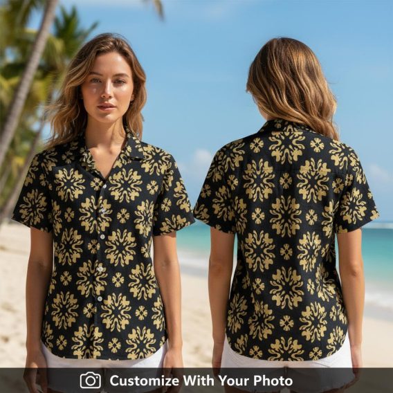 Woman wearing black and yellow vintage Hawaiian shirt with floral abstract design
