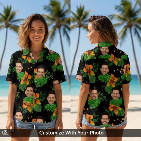 Woman in custom face black Hawaiian shirt with green leaves and orange flowers, smiling outdoors