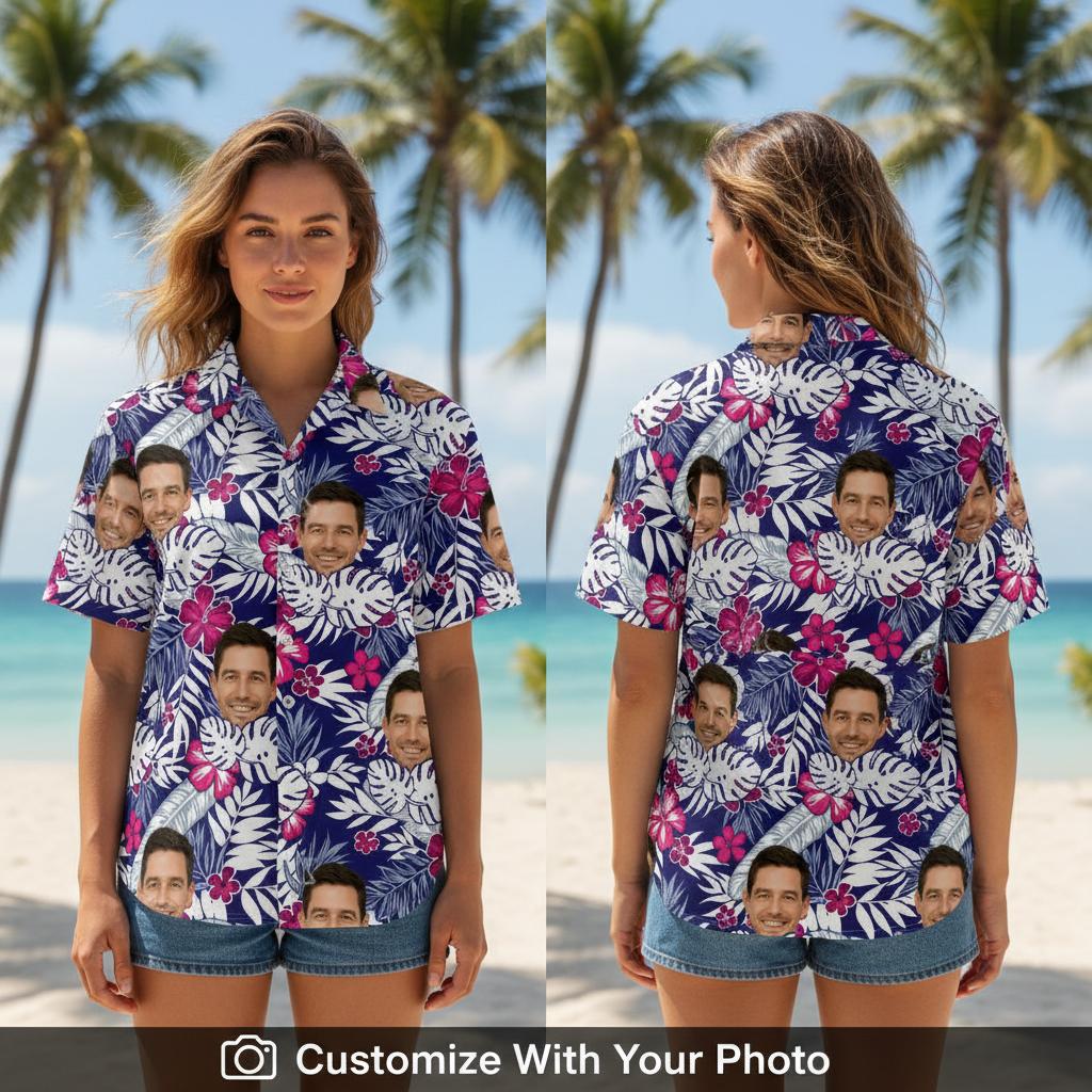 Woman wearing floral Hawaiian shirt with custom face and pink flowers outdoors