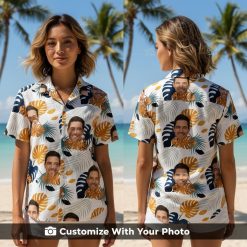 Woman wearing white tropical long sleeve Hawaiian shirt with custom face design